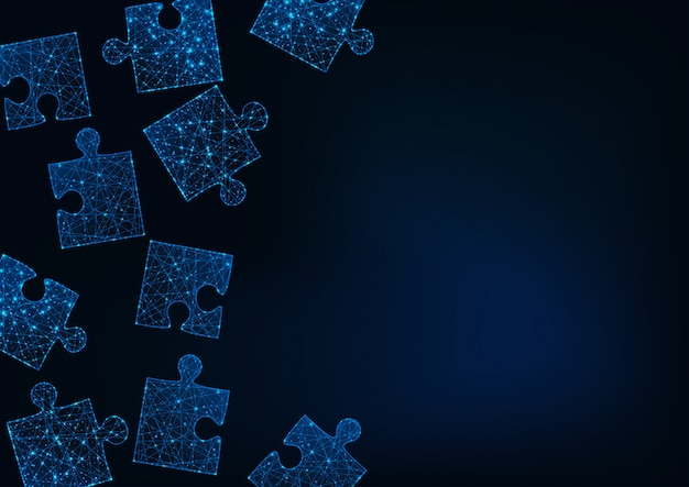 Futuristic Glow Low Poly Jigsaw Puzzle Pieces Abstract Background With Space For Text On Dark Blue.