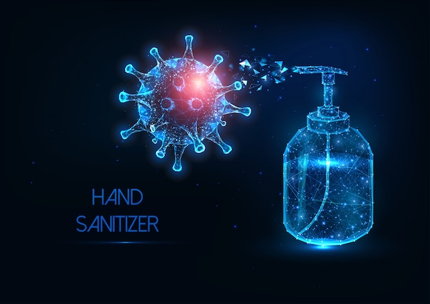 Futuristic glowing low polygonal hand sanitizer bottle against coronavirus banner Premium Vector