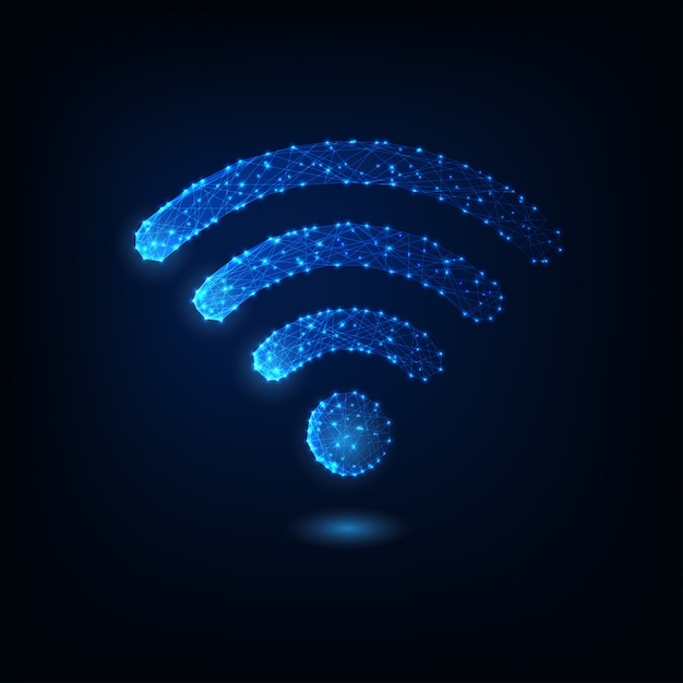 Futuristic glowing low polygonal wifi symbol isolated on dark blue. Premium Vector