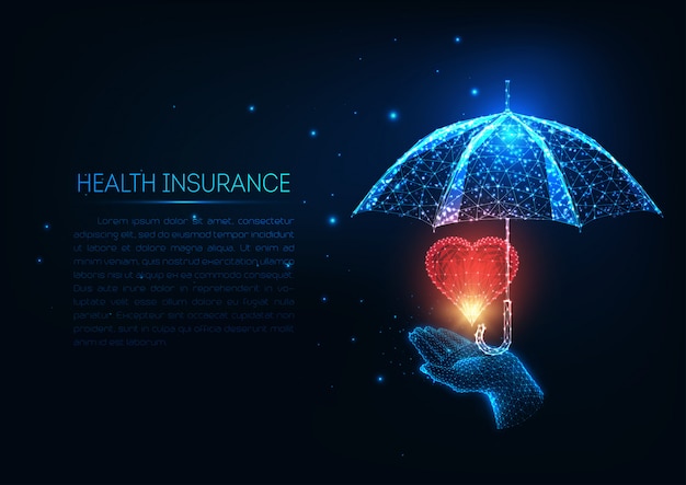 Futuristic health insurance  with glowing low polygonal human hand,red heart and umbrella. Premium V