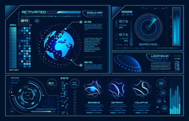 未来のhudインターフェイス 未来のホログラムuiインフォグラフィック インタラクティブなグローブとサイバースカイfi画面の背景 プレミアムベクター