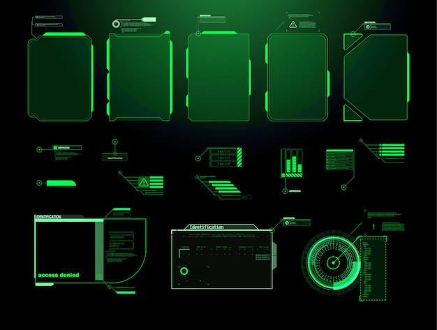 未来のhudインターフェイス画面 デジタル吹き出しのタイトル Hudのui Gui未来的なユーザーインターフェイス画面の要素を設定します ビデオゲームのハイテク画面 Sfコンセプトデザイン プレミアムベクター
