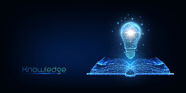 Futuristic knowledge, creative thinking concept with glowing low polygonal book and lightbulb Premiu