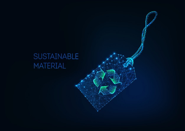 Futuristic low poly retail price tag with green recycle sign sustainable material, recycled fabric. Premium Vector