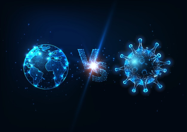 Futuristic planet earth vs coronavirus fight concept with glowing low poly globe and virus cell. Pre