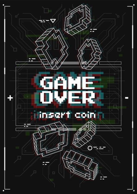 Premium Vector Futuristic Poster With Retro Games Elements Game Over Screen With Virtual Reality Style Template For Print And Web