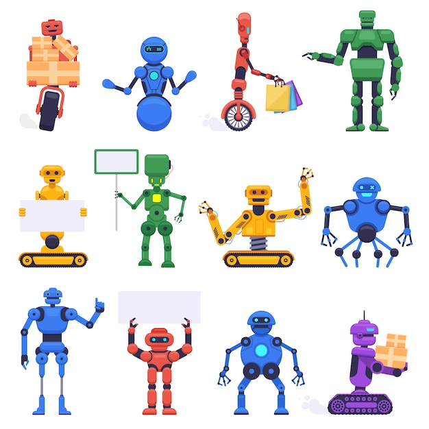 未来的なロボット ロボットアンドロイドボット 機械ヒューマノイドロボットキャラクター ロボットマスコットアシスタント イラストアイコンセット ロボットヒューマノイド 未来型マシンサイボーグ プレミアムベクター