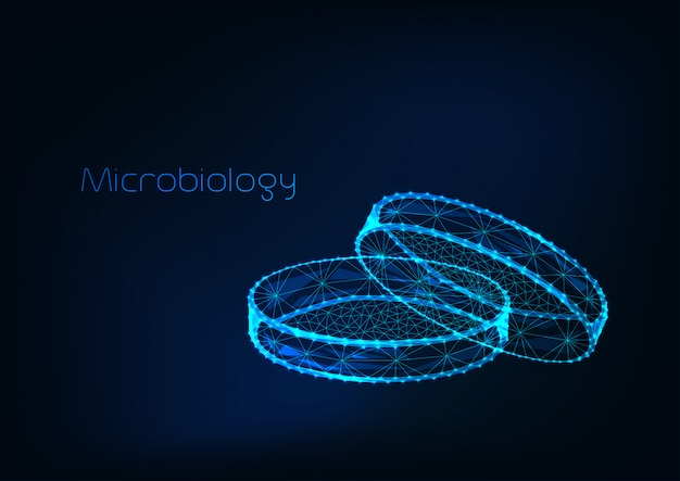 Futuristic science background with glowing low polygonal petri dish on dark blue background. Premium Vector