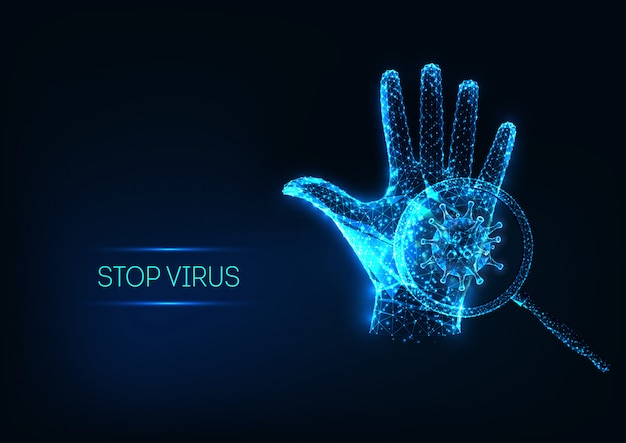 Futuristic stop corona virus concept with glowing low polygonal human hand and virus cell Premium Ve