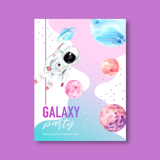 Free Vector Galaxy Poster Design With Astronaut And Planet Watercolor Illustration