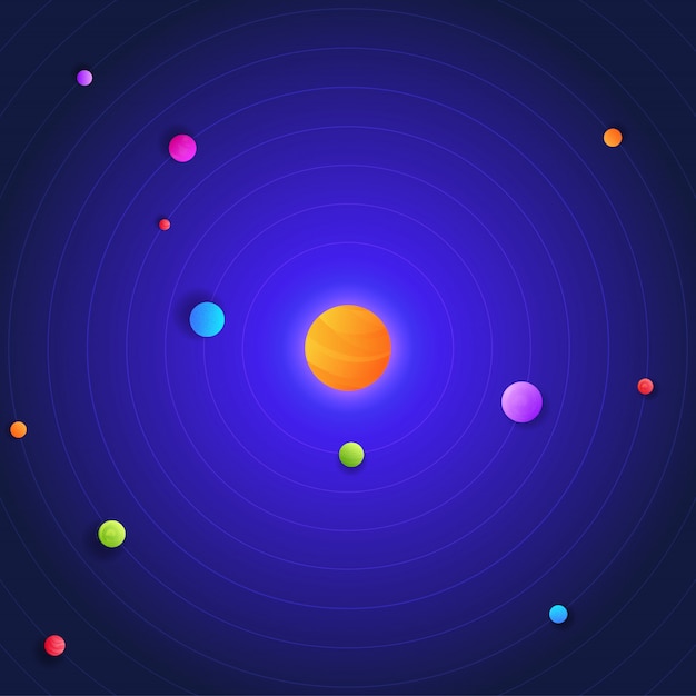 Galaxy Space Solar System With The Sun And Multi Colored Abstract Planets On A Dark Blue Background Premium Vector