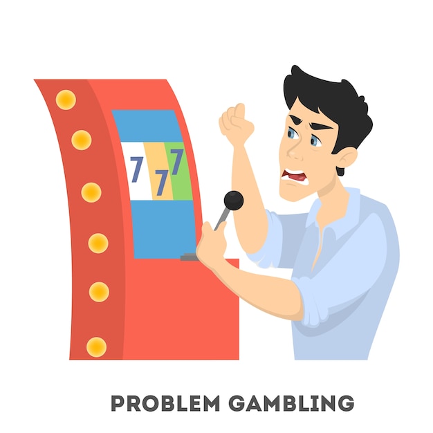 ギャンブル依存症 スロットマシンのカジノで遊んでいる怒っている人 漫画のスタイルのイラスト プレミアムベクター