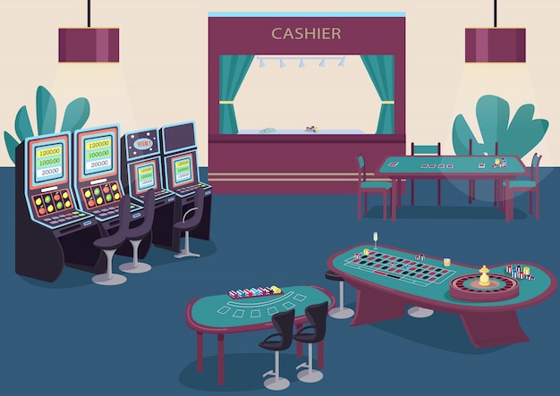 ギャンブルフラットカラーイラスト スロットマシンとフルーツマシンの列 ポーカーをプレイするための緑のテーブル ブラックジャックのゲームデスク カジノルーム2 D漫画インテリアの背景にレジカウンター プレミアムベクター