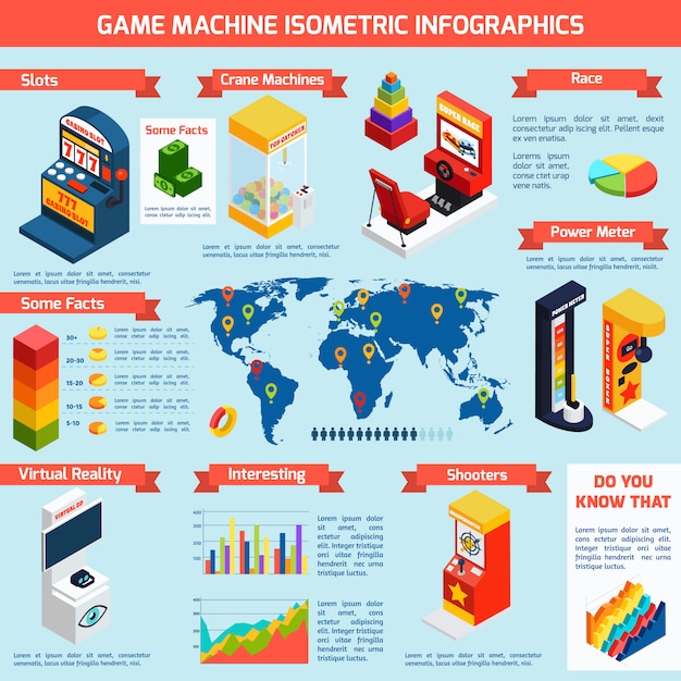 Game amusement machines isometric infographics banner Free Vector