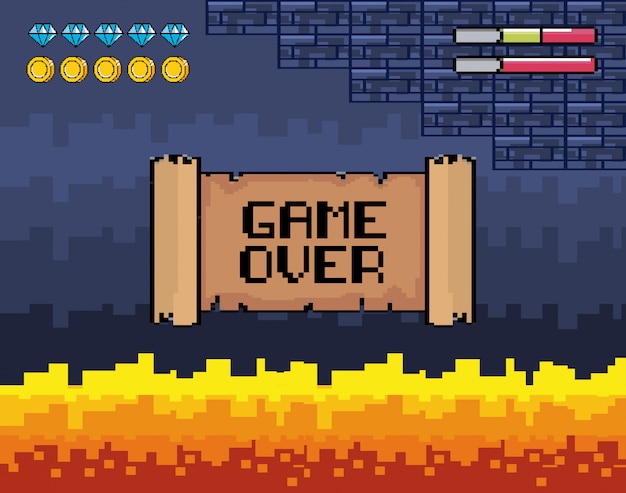 Game over message with fire scene and life bars Free Vector