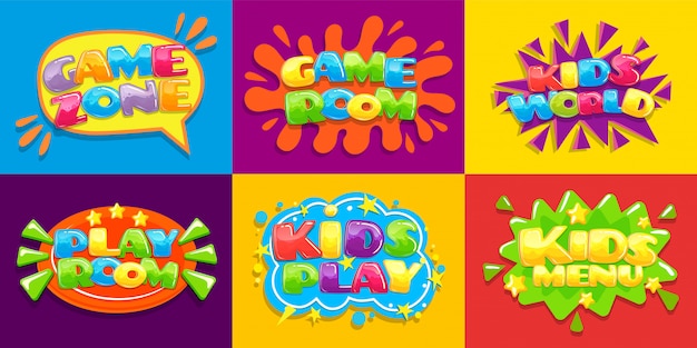 ゲームルームのポスター 楽しいキッズプレイルーム ゲームプレイゾーンの子供と子供のためのメニューイラスト背景 プレミアムベクター