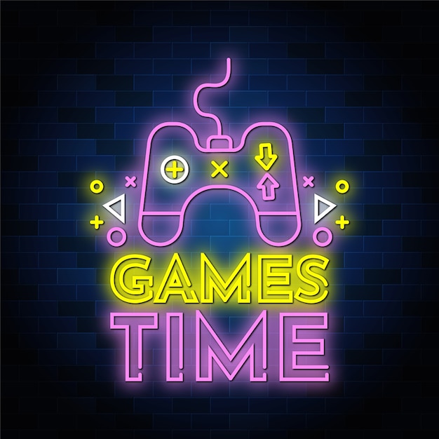 Premium Vector | Game time neon signs text style with a joystick