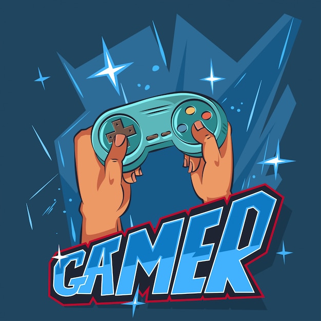 青色の背景に手でジョイスティックのゲーマー漫画イラスト ビデオゲームコンソールのコントローラーで遊ぶキャラクターデザイン プレミアムベクター