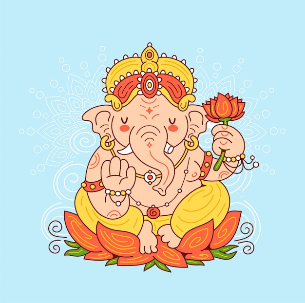ガネーシャのインドの神のキャラクター 漫画キャライラスト プレミアムベクター