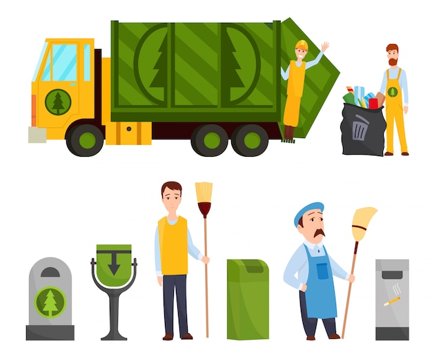 Premium Vector  Garbage collection. garbage truck, garbage man in uniform  waste bag recycle bin. waste management concept illustration.