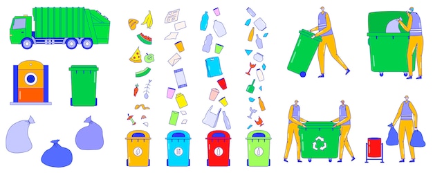 プレミアムベクター ごみ収集サービス ゴミ箱アイコン 人の漫画のキャラクター イラストの並べ替え