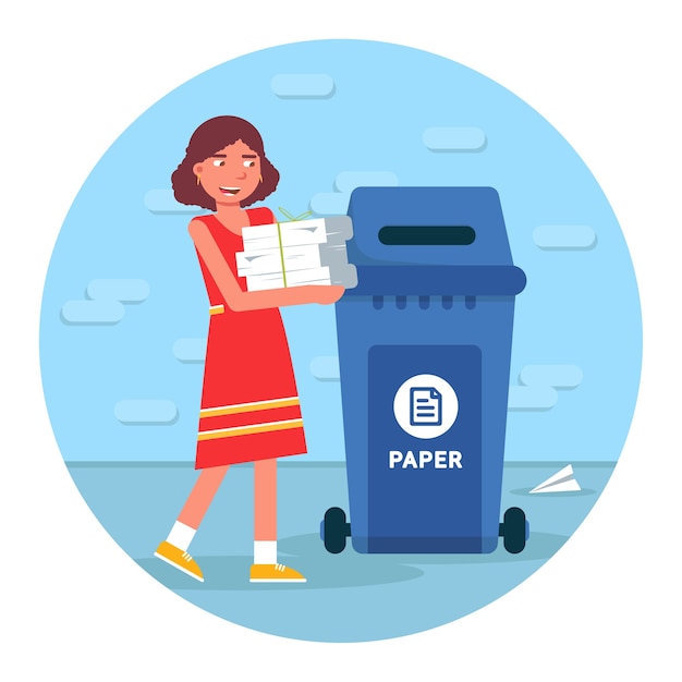 ゴミのリサイクルイラスト 白い背景の上の丸いクリップアートを廃棄物 ゴミ箱の漫画のキャラクター 材料再利用要素に紙を置く少女 プレミアムベクター