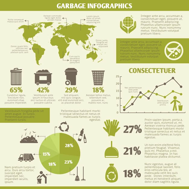 Garbage recycling infographic elements set with icons and charts vector illustration Free Vector