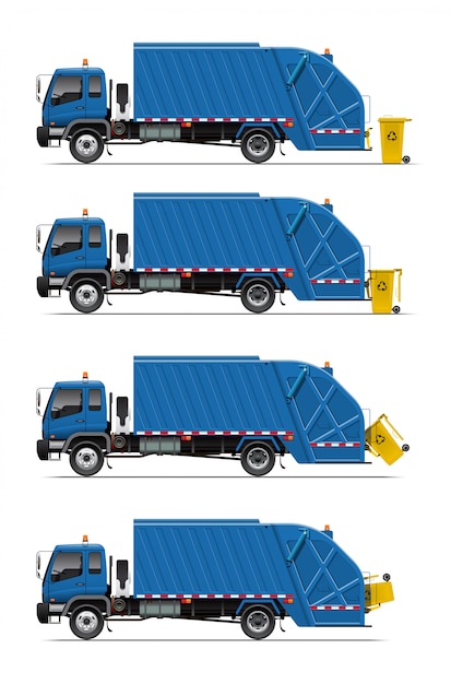 Garbage truck with trash can Vector | Premium Download