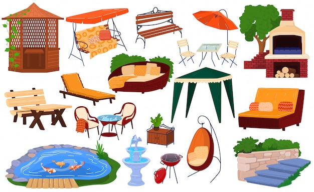 Premium Vector | Garden furniture illustration set, cartoon collection