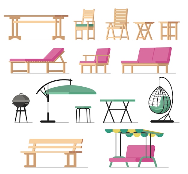 Garden furniture vector table chair seat charcoal-grill on terrace design outdoor Premium Vector
