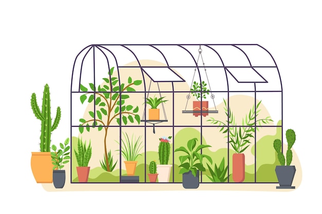 庭の温室 鉢植えにサボテンと熱帯栽培植物が植えられたガラス製の植物性オレンジリーハウス 漫画の緑の自然ベクトルの概念 植物オレンジリー 栽培用温室 イラスト プレミアムベクター