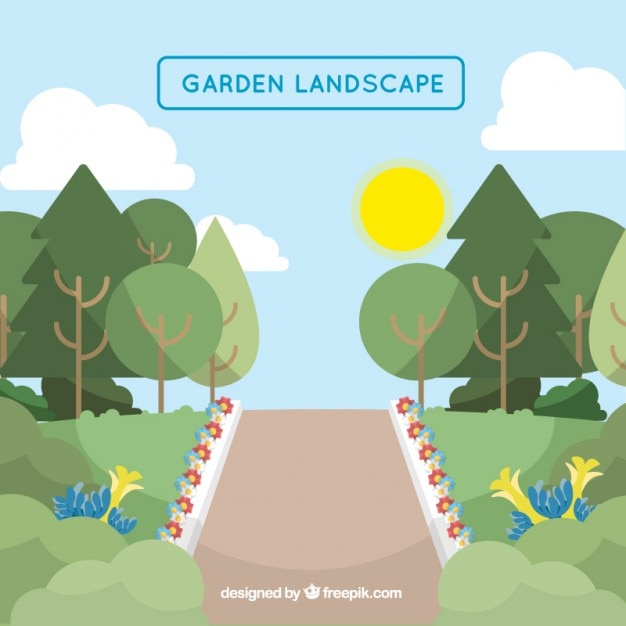 Garden landscape with a path and flowers | Free Vector