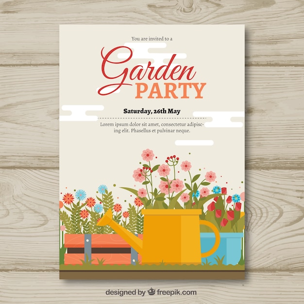 Garden party invitation template with watering can and flowers Free