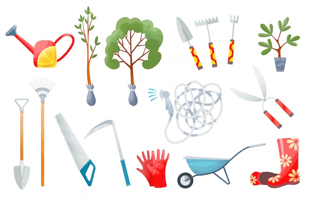 Garden set. set of various agricultural tools for garden care, colorful vector flat illustration. ga