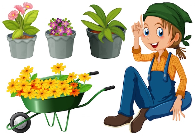 鉢植えと花のイラストの庭師 無料のベクター
