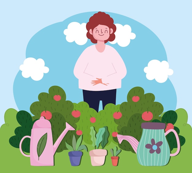 ガーデニング じょうろで幸せな女性は草のイラストで植物を鉢植えにすることができます プレミアムベクター