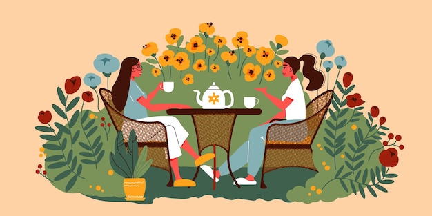 花の花のイラストに囲まれた屋外でお茶を飲みながらテーブルに座っている2人の女性とガーデニングの人々の構成 無料のベクター