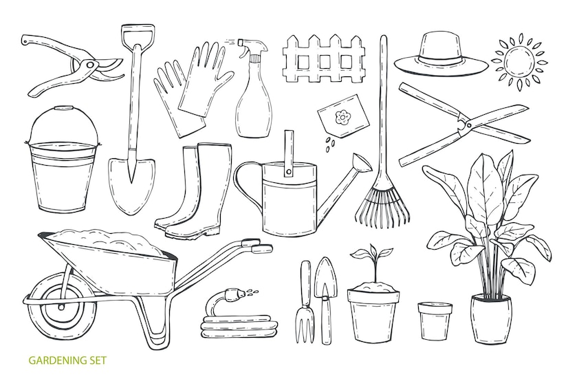 Premium Vector Gardening Set Different Work Tools For Gardening Hand Drawn Vector Illustration