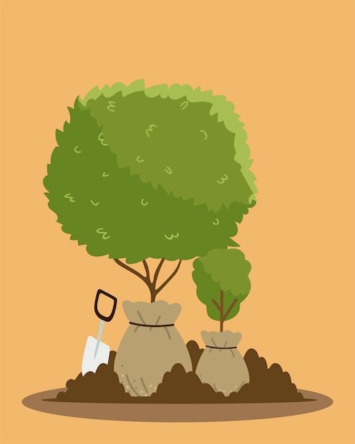 こてツールイラストで植えるための袋にガーデニング 木と植物 プレミアムベクター