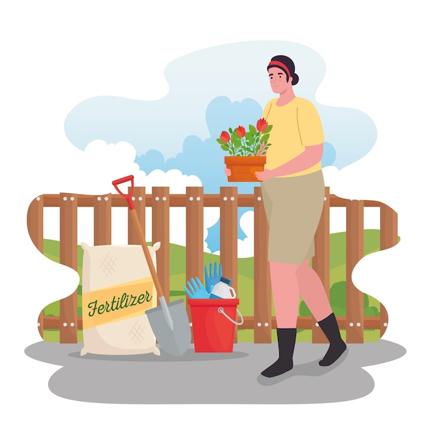 Premium Vector | Gardening woman with flowers fertilizer bag shovel and ...