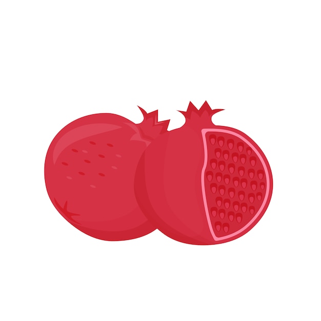 ガーネット漫画イラスト 有機食品 甘いデザート 熟したエキゾチックなフルーツ色のオブジェクト 全体とみじん切りザクロ 白い背景の上のトロピカルサラダコンポーネント プレミアムベクター