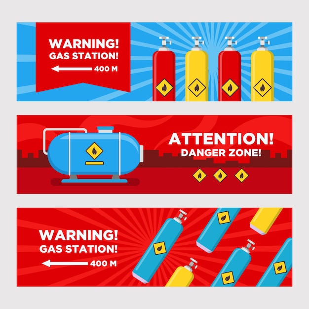 ガソリンスタンドの警告バナーが設定されています タンクとシリンダー 危険ゾーンのある目的地矢印ベクトルイラスト ガソリンスタンドの標識と標識のテンプレート 無料のベクター