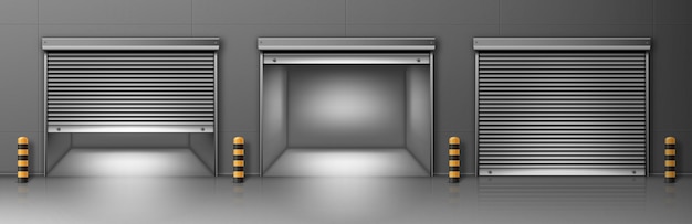 灰色の壁に金属のローリングシャッター付きゲート 廊下のベクトルのリアルなイラスト 無料のベクター
