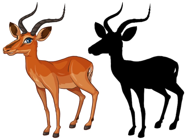 Free Vector | Gazelle cartoon character and its silhouette on white