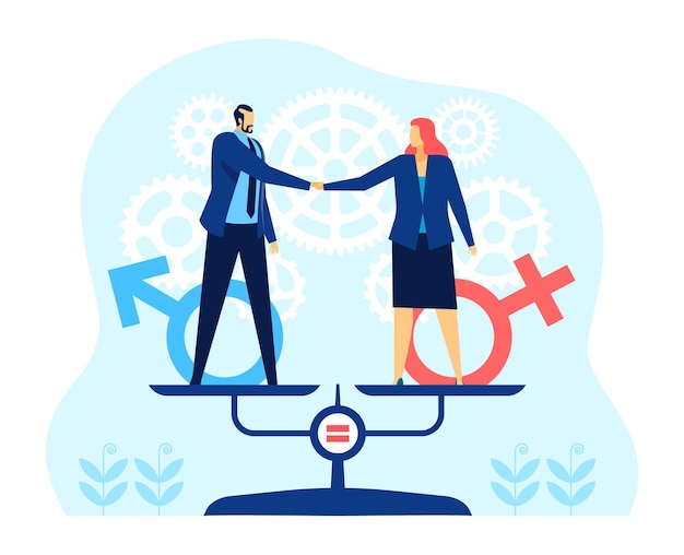 Premium Vector | Gender equality business man and woman standing on balance scales equal rights ...