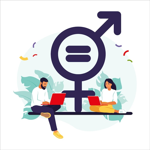Gender equality concept. men and women character on the scales for gender equality. vector illustrat