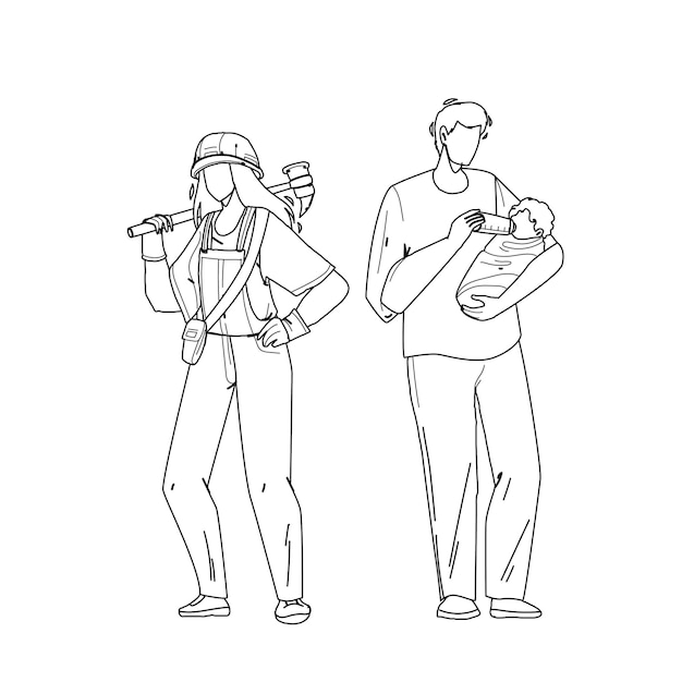 Premium Vector Gender Equality Relationship Man And Woman Black Line Pencil Drawing Vector Young Girl With Equipment Hard Working And Boy Father Feeding Newborn Baby Gender Equality Characters Illustration