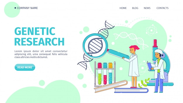 遺伝子研究 ライン着陸ベクトルイラスト 科学者の男性女性は研究室で拡大鏡を通してdna構造を研究します プレミアムベクター