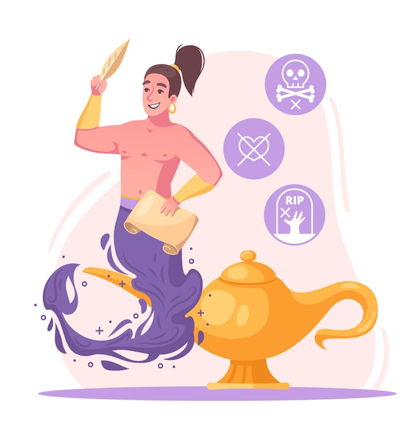 Genie character concept with wish and wizard symbols cartoon Free Vector