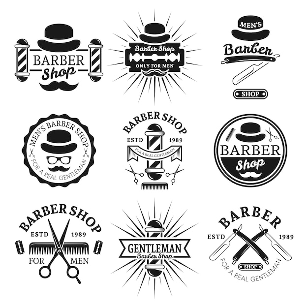 Premium Vector Gentleman Barber Shop Set Of Vector Vintage Monochrome Labels Badges Emblems Isolated On White